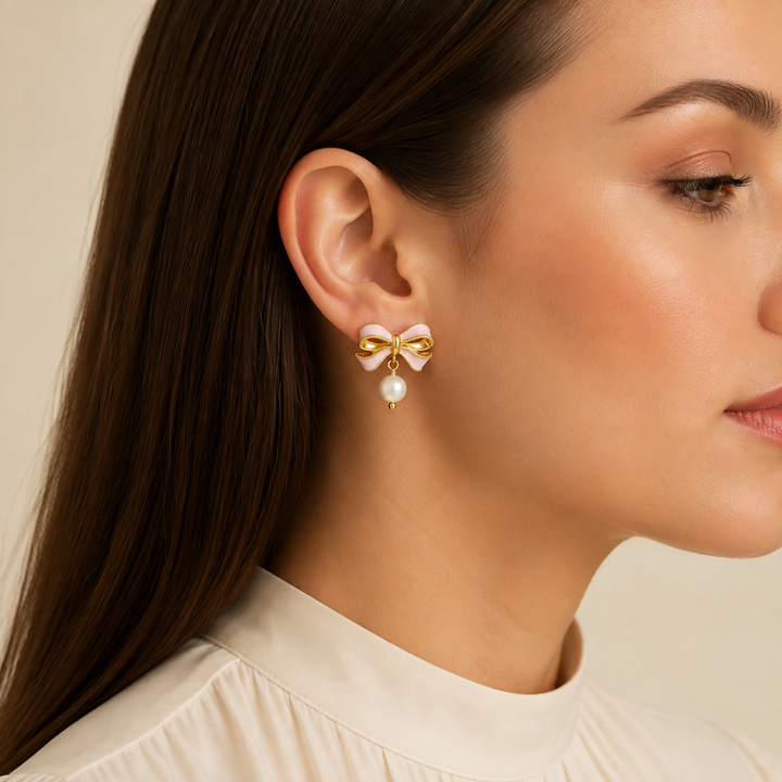 Pink Bow Pearl Drop Stud
