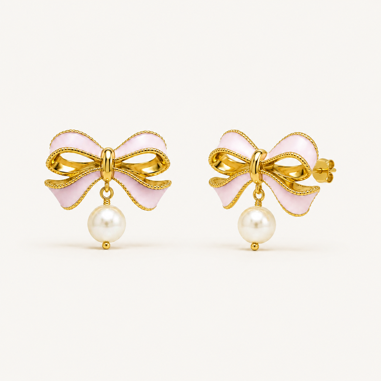 Pink Bow Pearl Drop Stud